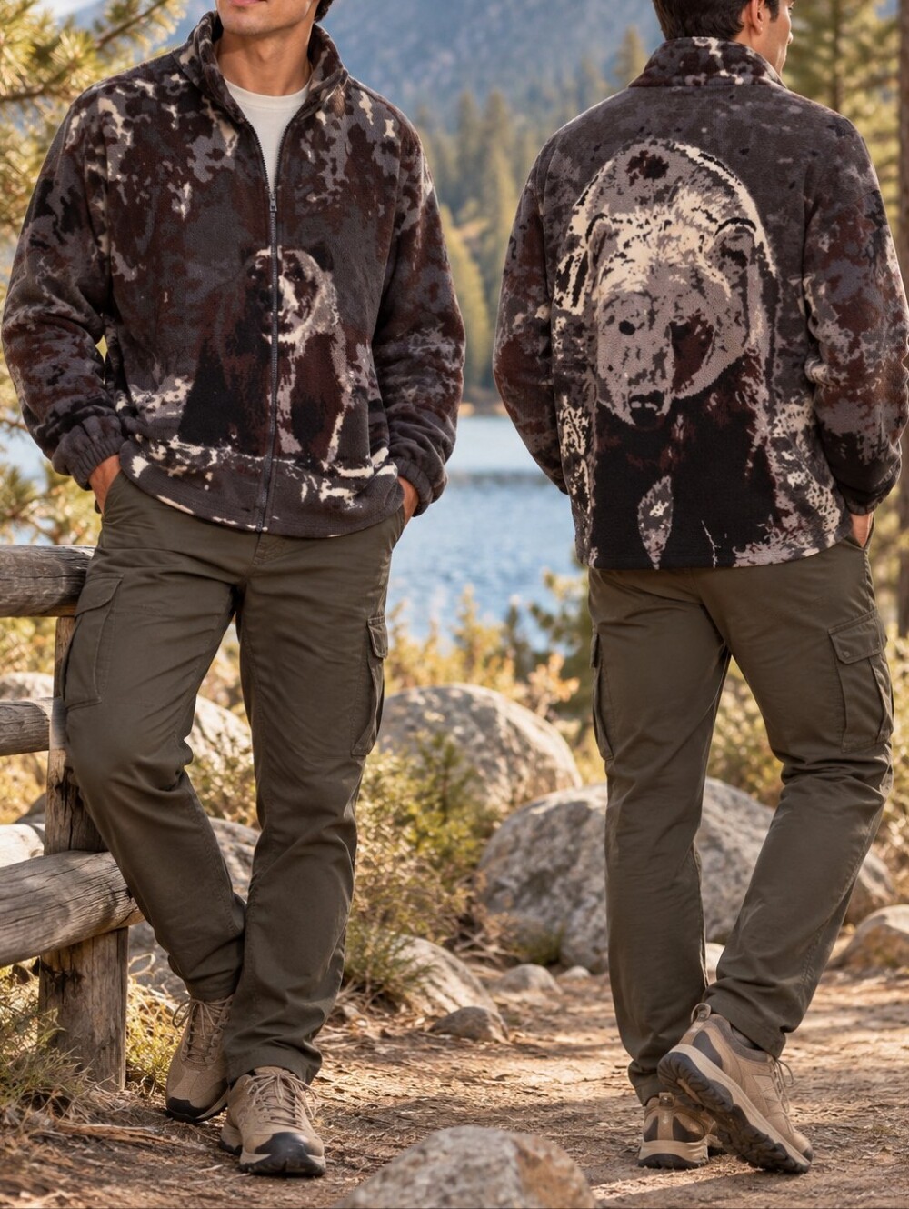 Mountain Ridge Men’s Brown Gray Camo Bear Full Zip Fleece Jacket Outdoor Y2K